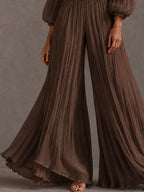 Boho Brown Crinkle Off Shoulder Ruffle Smocked Waist Wide Leg Jumpsuit