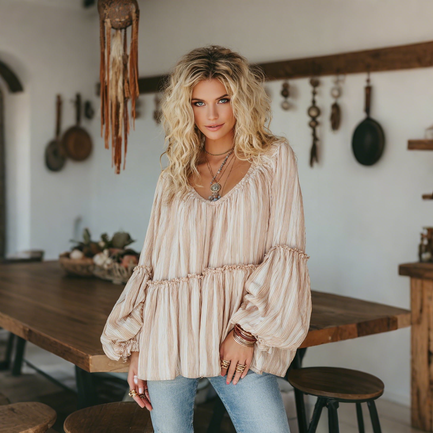 Women's Elegant, Oversized, Comfortable Striped V-neck Long-sleeved T-shirt