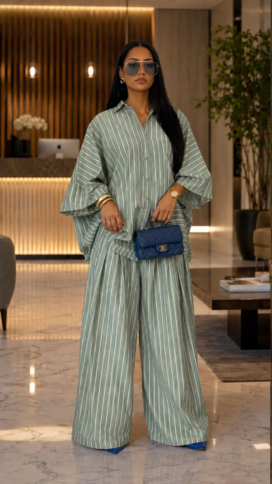 Boho Chic Striped Linen Blend Set - Flared Sleeve Button-Up Top & Wide Leg Pants Co-ord