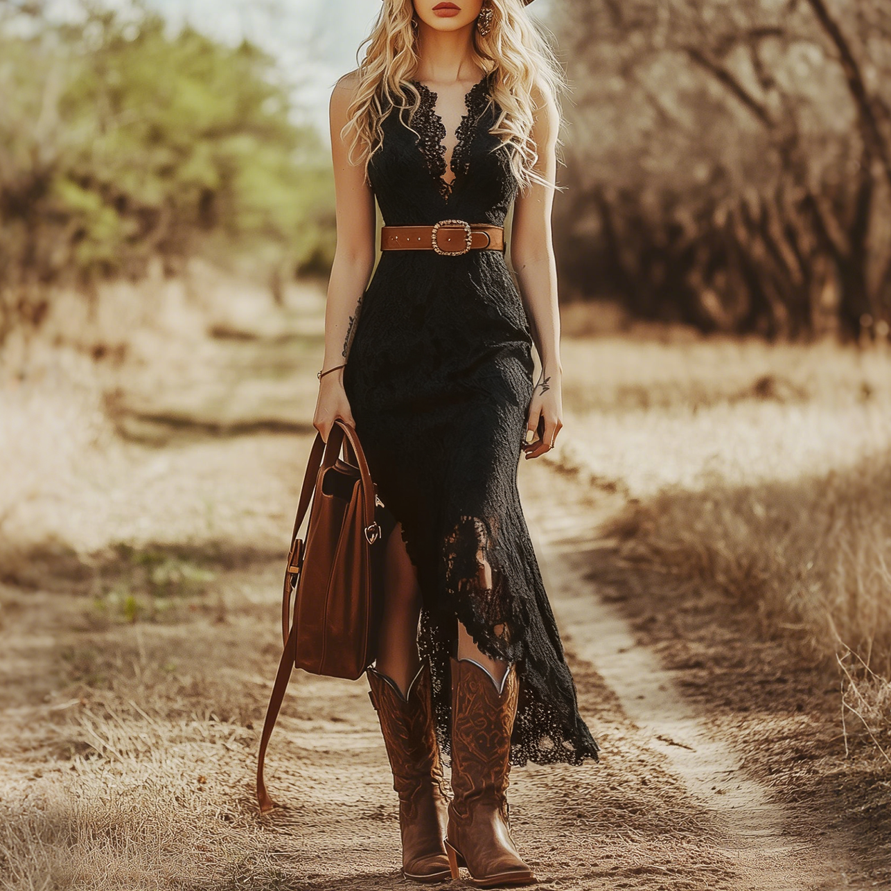 Country Western Vintage Bohemian Blue Lace Sleeveless Midi Dress