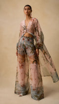 Boho Chic Tropical Print Pants Set - Asymmetric Cape & Wide Leg Pants Co-ord