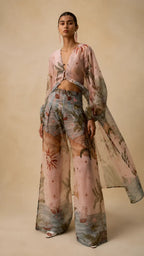 Boho Chic Tropical Print Pants Set - Asymmetric Cape & Wide Leg Pants Co-ord