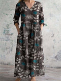 Women's V-neck Elegant Vintage Floral Pattern Cotton Shirt Dress