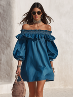 Resort-style off-the-shoulder ruffled three-quarter sleeve denim mini dress