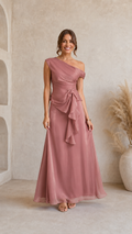 One-Shoulder Ruffle Waist Maxi Evening Dress