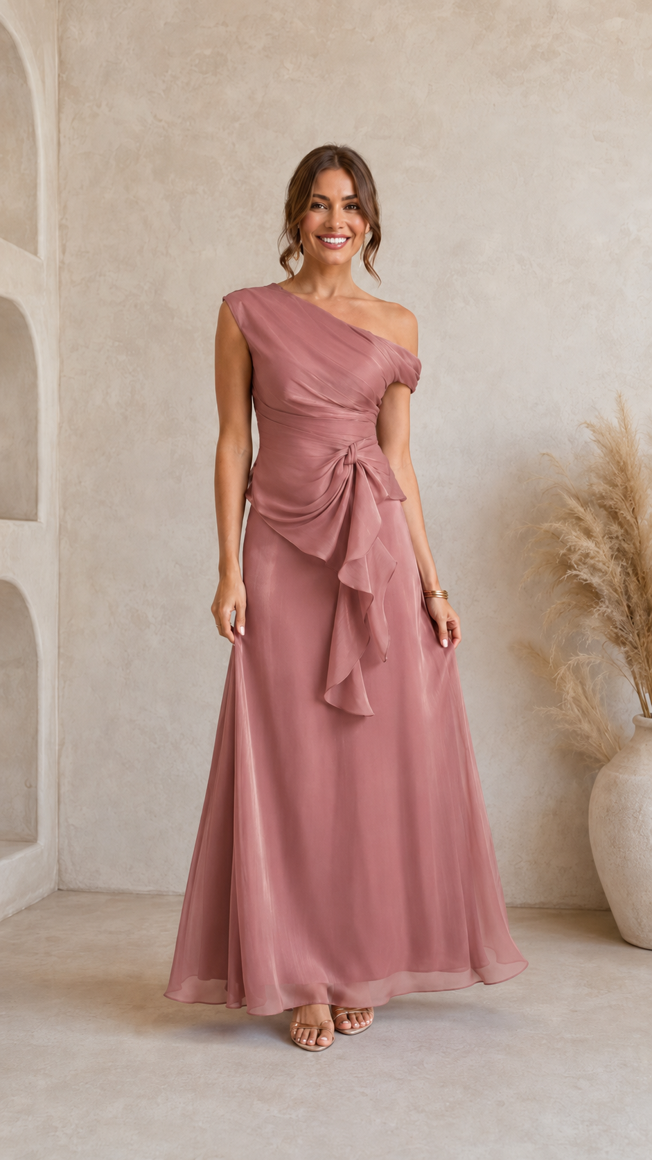 One-Shoulder Ruffle Waist Maxi Evening Dress