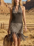 Cotton Blend Leopard Print Fringe Halter Dress With Knit Top And Asymmetrical Hem For Women