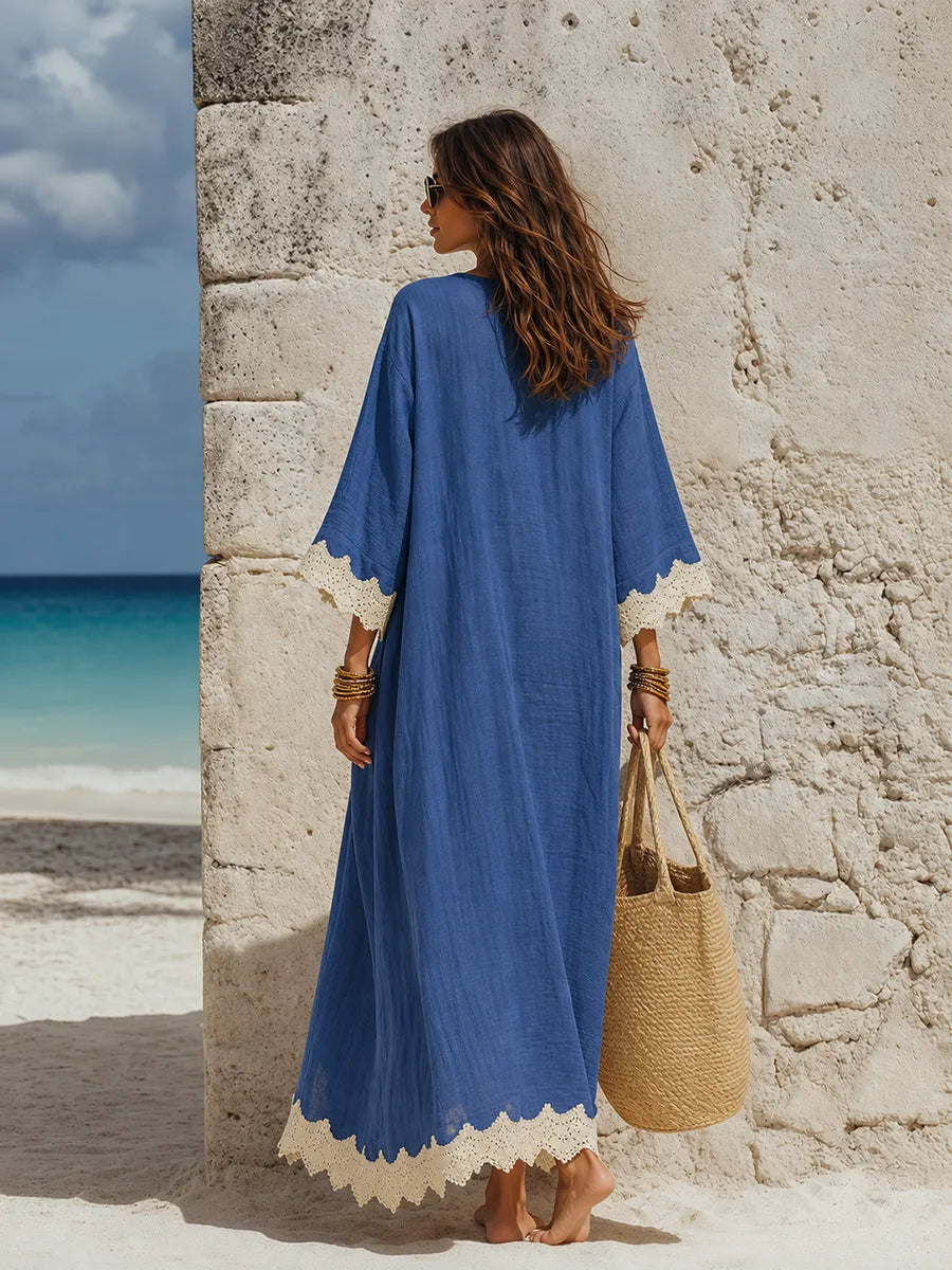 Minimalist Vacation Lace Trim Three Quarter Sleeves Cotton-Linen Maxi Dress