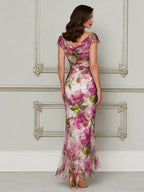 Enchanted Garden Ruched Cowl-Neck Trumpet Dress