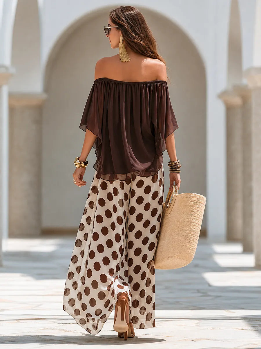 Beach Vacation Short-Sleeve Top And Polka-Dot Wide-Leg Pants Chiffon Set