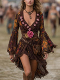 Boho Floral Print Chiffon Dress With Lace Trim And Rose Embellishment