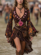 Boho Floral Print Chiffon Dress With Lace Trim And Rose Embellishment