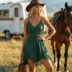 Western Retro Suspender Linen Dress With Tassels And An Irregular Hem