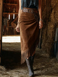 Retro Distressed Suede Skirt With Fringes