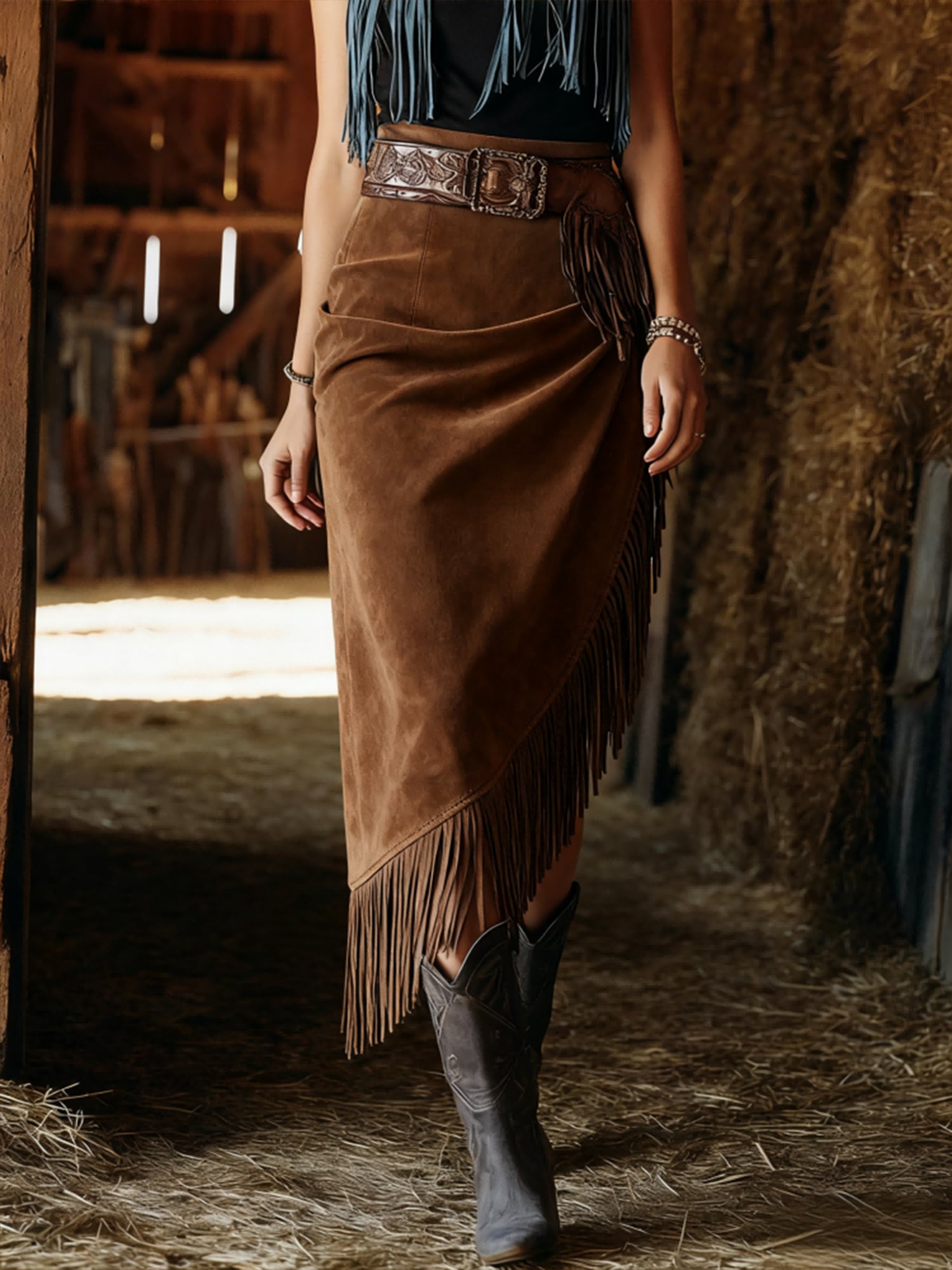 Retro Distressed Suede Skirt With Fringes