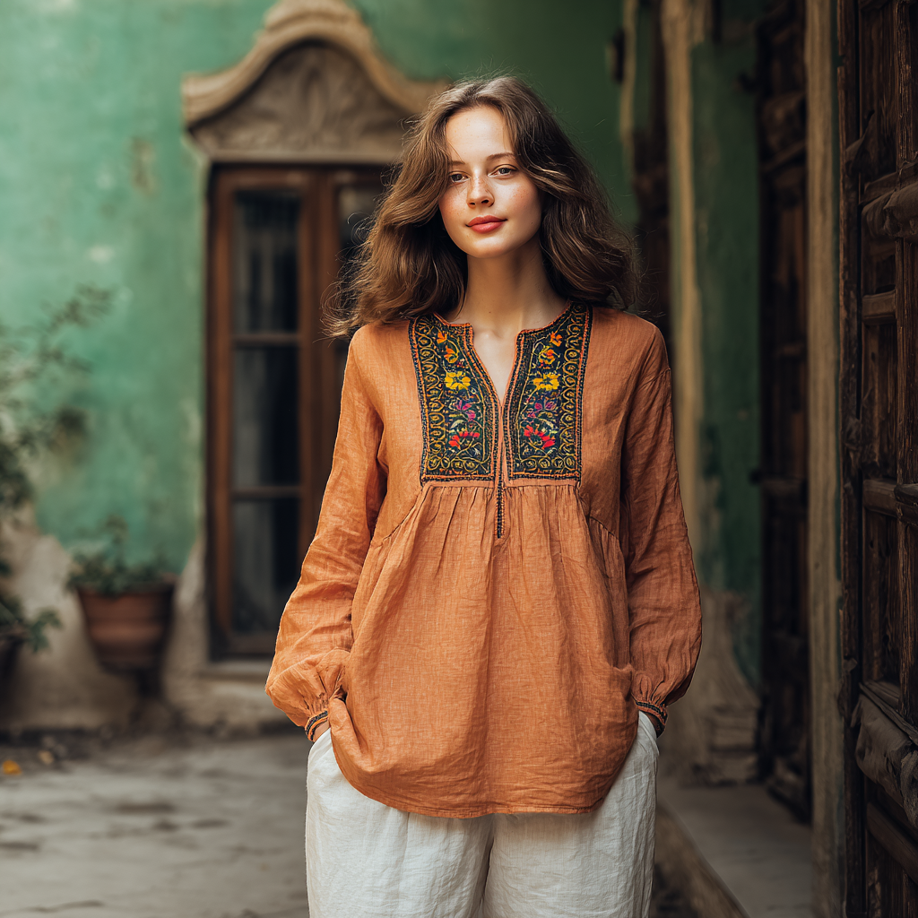Bohemian Women's Linen Print Casual Long Sleeve Top