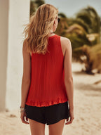Bohemian Vacation Red Pleated Sleeveless Top