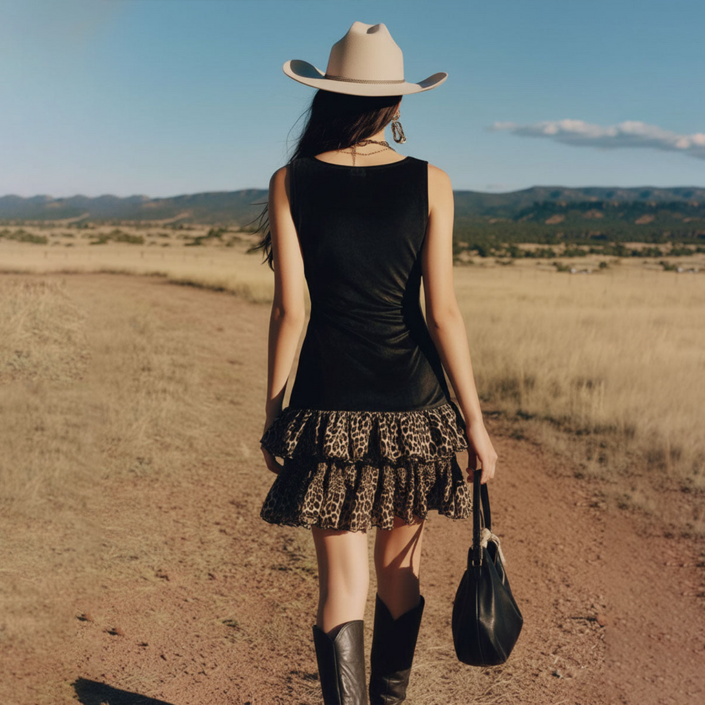 Coachella Outfit Western-inspired Vintage Leopard Print Chiffon Ruffle Black V-neck Faux Suede Mini Dress