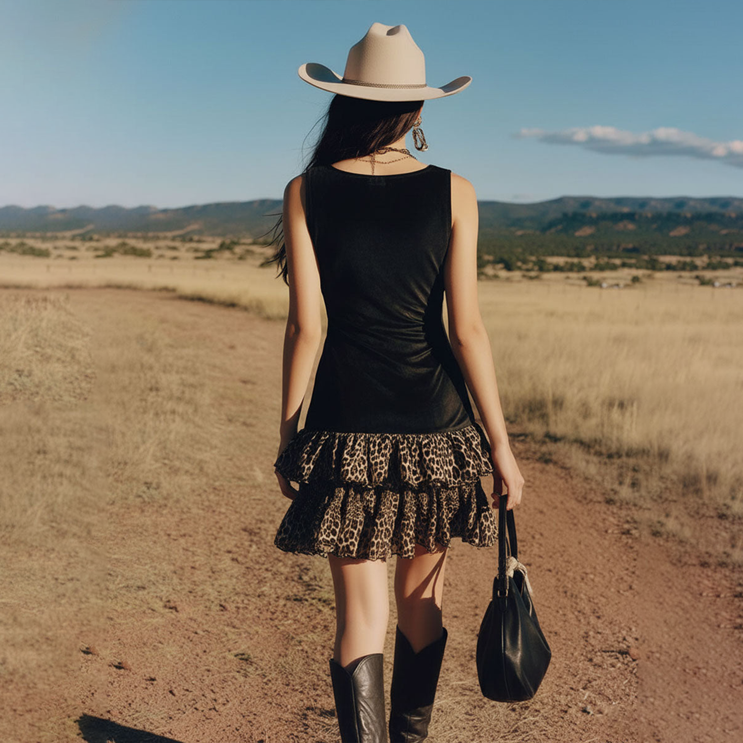 Coachella Outfit Western-inspired Vintage Leopard Print Chiffon Ruffle Black V-neck Faux Suede Mini Dress