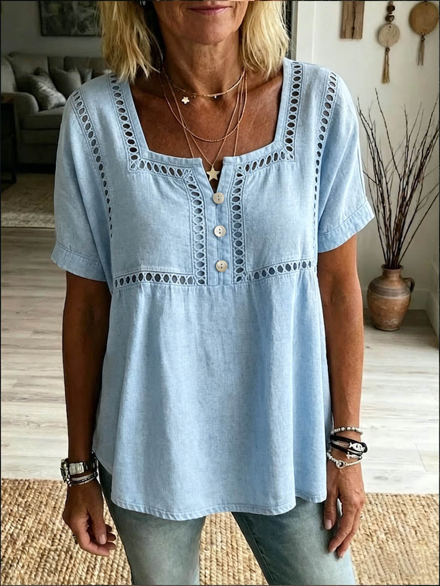 Women's Solid-color Square-neck Short-sleeve Casual Loose Cotton-linen Top