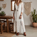 Women's Fashion Spring/Summer Bohemian Style White Water-Soluble Lace V-Neck Long-Sleeve Dress