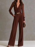Elegant Cowl Neck Brown Chiffon Sheer Long Sleeve Wide Leg Jumpsuit