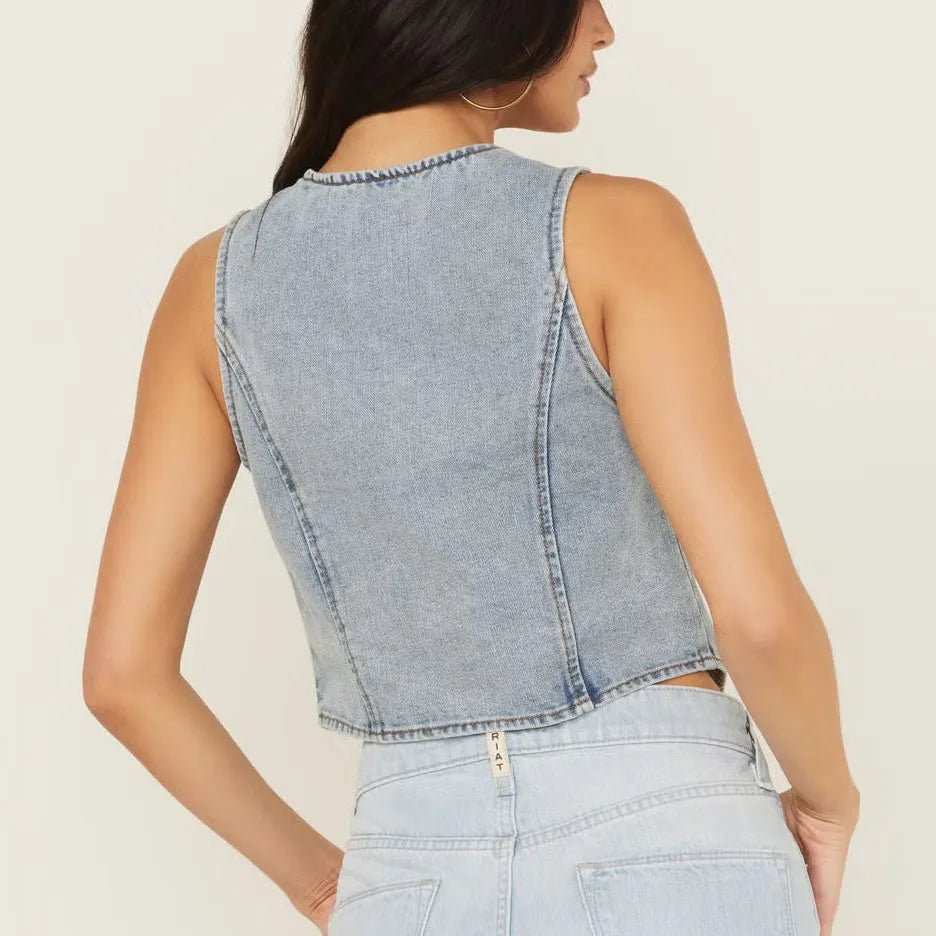 Denim Lace-Up Cropped Vest Top With Deep V-Neck