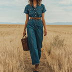 Women's Vintage Denim Elegance Cropped Pants Wide Leg Jumpsuit