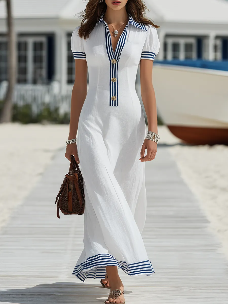Resort-style Short-sleeve V-neck Striped Patchwork Maxi Dress