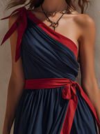 Vacation-Style Navy Blue One-Shoulder Slit Sleeveless Maxi Dress