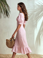Vacation-style Square-neck Puff-sleeve Ruffled Midi Dress
