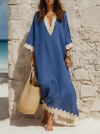 Minimalist Vacation Lace Trim Three Quarter Sleeves Cotton-Linen Maxi Dress