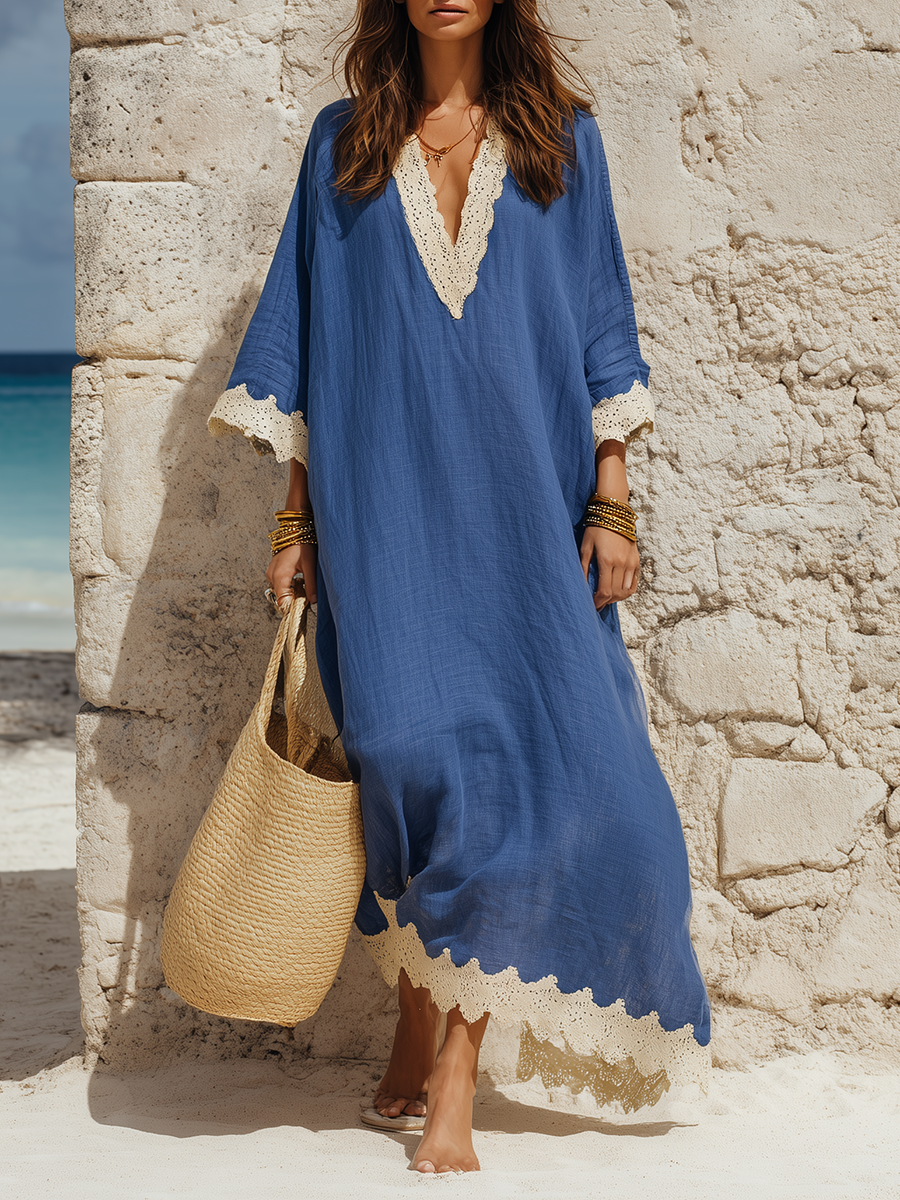 Minimalist Vacation Lace Trim Three Quarter Sleeves Cotton-Linen Maxi Dress