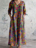 Women's Artistic Texture Geometric Pattern V-Neck Cotton And Linen Dress