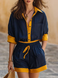 Capri Vibe Navy Yellow Contrast Trim Collared Shirt And Drawstring Waist Short Two Piece Set