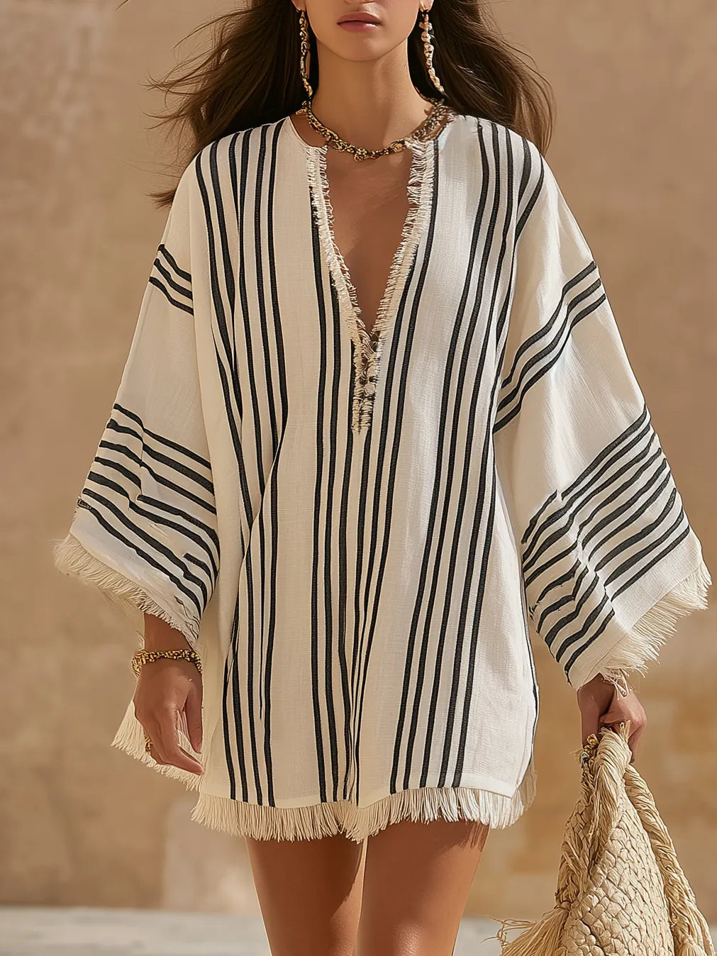 Boho Vacation Black Vertical Stripe Fringed V Neck Batwing Sleeve Loose Tunic Cover Up Mini Dress
