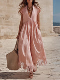 vacation style dusty pink deep v neck gathered waist fringe hem wide leg jumpsuit