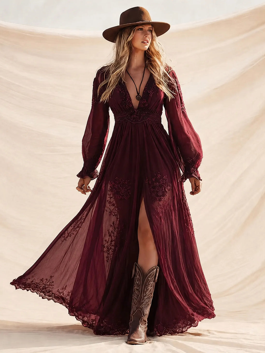 Ideal For Western Wedding Or Road Trip — Burgundy Embroidered Lace V-Neck Chiffon Boho Long Sleeve Maxi Dress