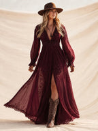 Ideal For Western Wedding Or Road Trip — Burgundy Embroidered Lace V-Neck Chiffon Boho Long Sleeve Maxi Dress