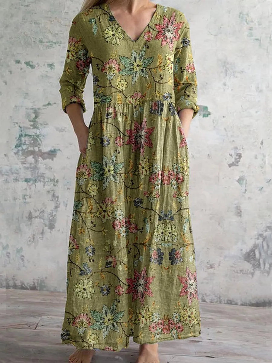 Women's Elegant Floral Pattern Round Neck Cotton and Linen Top