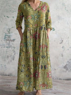 Women's Elegant Floral Pattern Round Neck Cotton and Linen Top