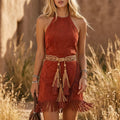 Faux Suede Fringe Halter Mini Dress With Embroidered Pattern And Halter-neck