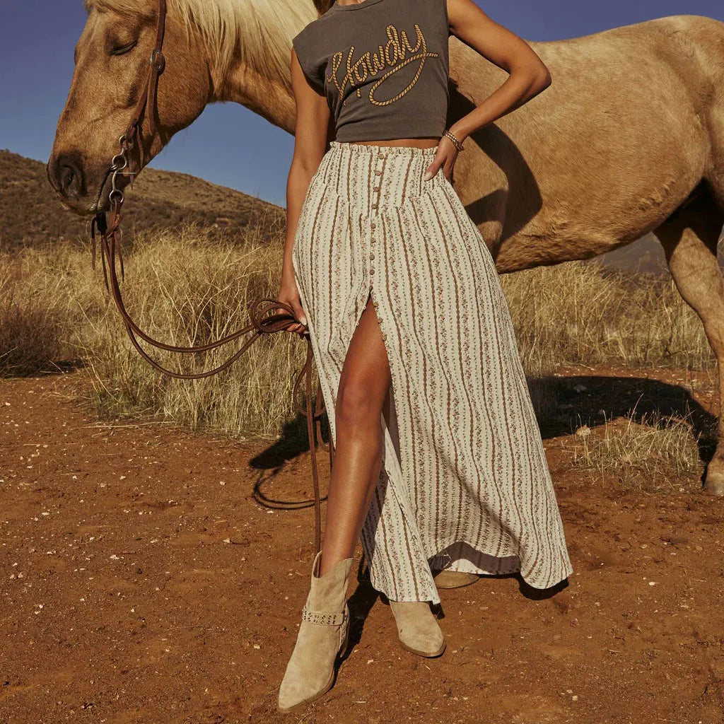 Western Spring Outfits Cotton Blend Floral Stripe Maxi Skirt With Button Front And High Slit For Boho Style