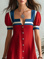 Vacation-style Short-sleeve Square-neck Button-front Maxi Dress