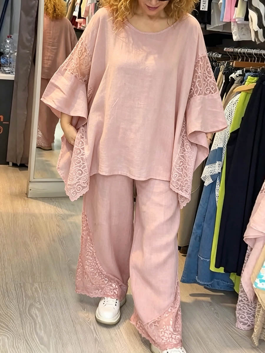 Women's Solid-color Cotton-linen Set: Round-neck Long-sleeve Loose-fit Top With Contrast Panels & High-waisted Wide-leg Pants