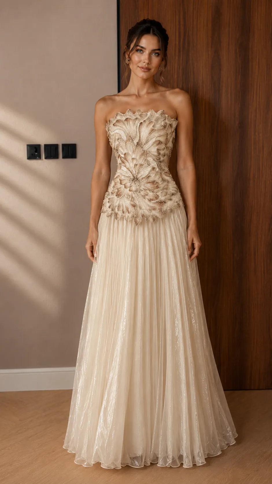Strapless Appliqué Tulle Evening Gown - Pleated A-Line Formal Maxi Dress