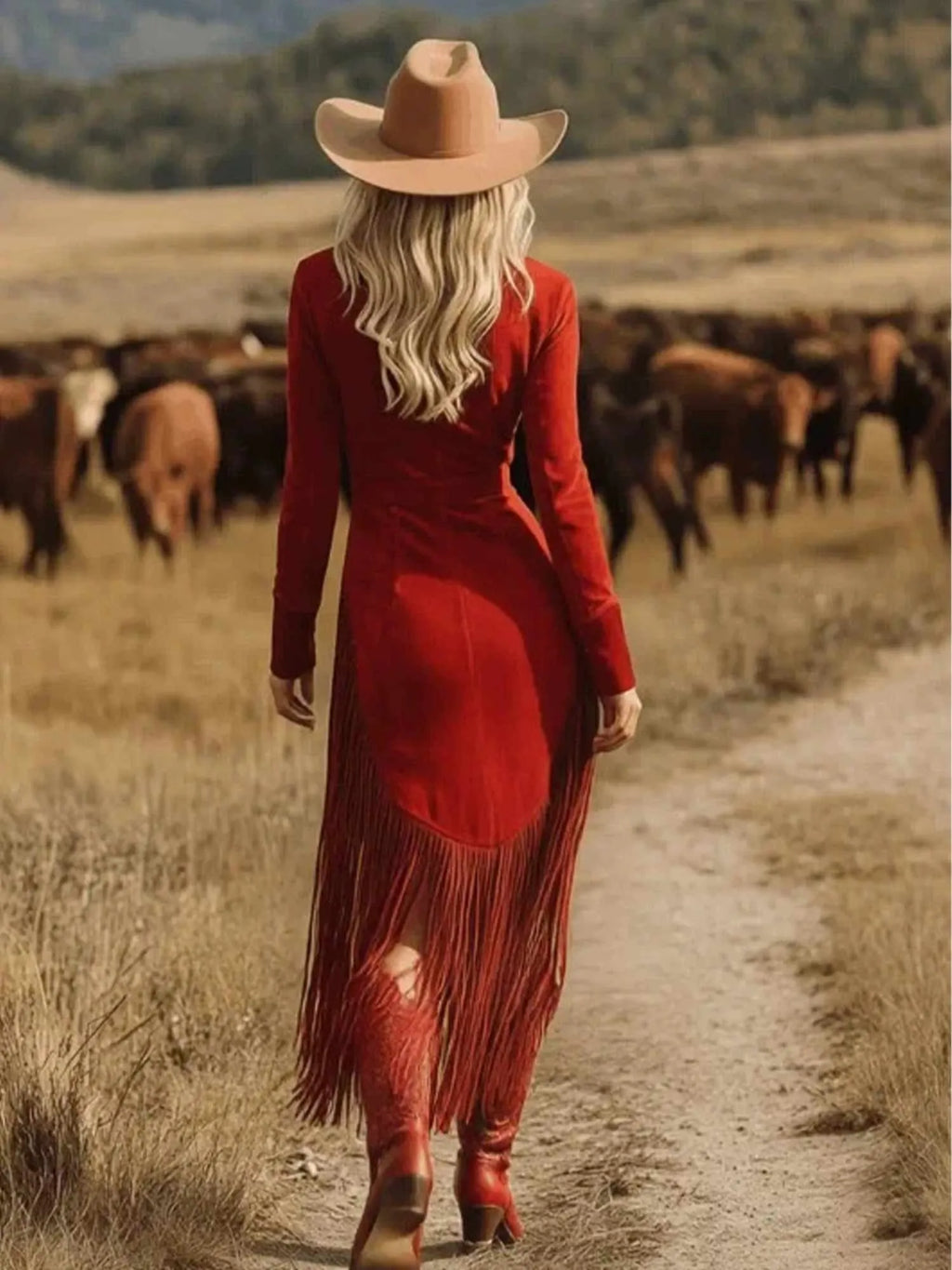 Women's Western-Style Vintage Embroidered Red Fringed Faux Suede Deep V-Neck Zip-Up Dress