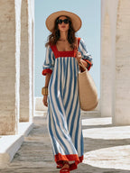 Vacation Linen-Cotton Striped Color Block Long Sleeve Maxi Dress