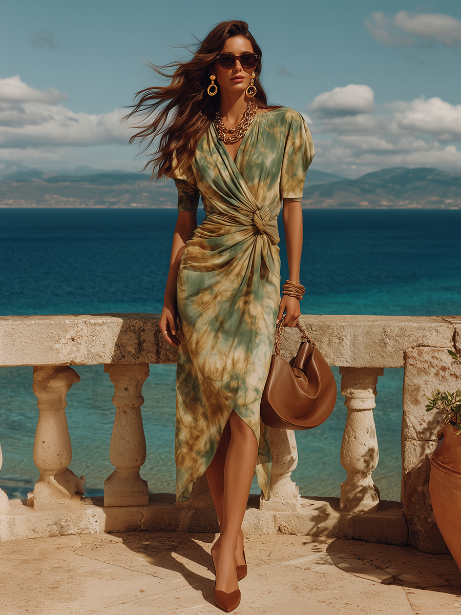 Vacation Sexy V-neck Tie-dye Print Midi Dress