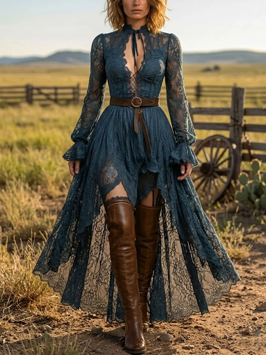 Women's Vintage Western Teal Lace High Low Dress Long Bell Sleeve High Neck Gothic Boho Maxi Dress